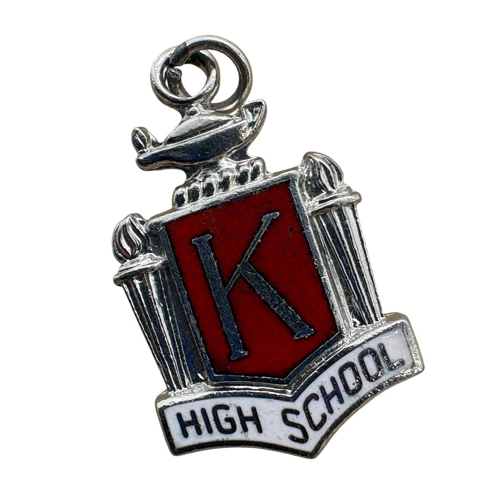 Vintage 1972 High School Crest Charm Red Enamel Letter K Silver Tone Pendant